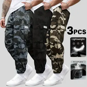 American workwear camouflage print men’s jogger casual pants, 3-pack available in multiple colors, side cargo pockets paired with a drawstring waistband and cuffed cuffs, lightweight breathable fabric for comfort without restriction, suitable for everyday