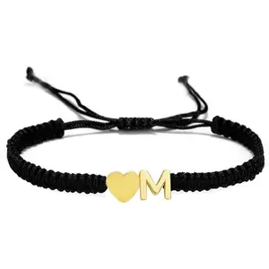 Initial Heart Bracelet, 18K Gold Plated Stainless Steel Tiny Heart Letter Black String Name Bracelets for Women Men Handmade Minimalist Jewelry Matching Couple Bracelets