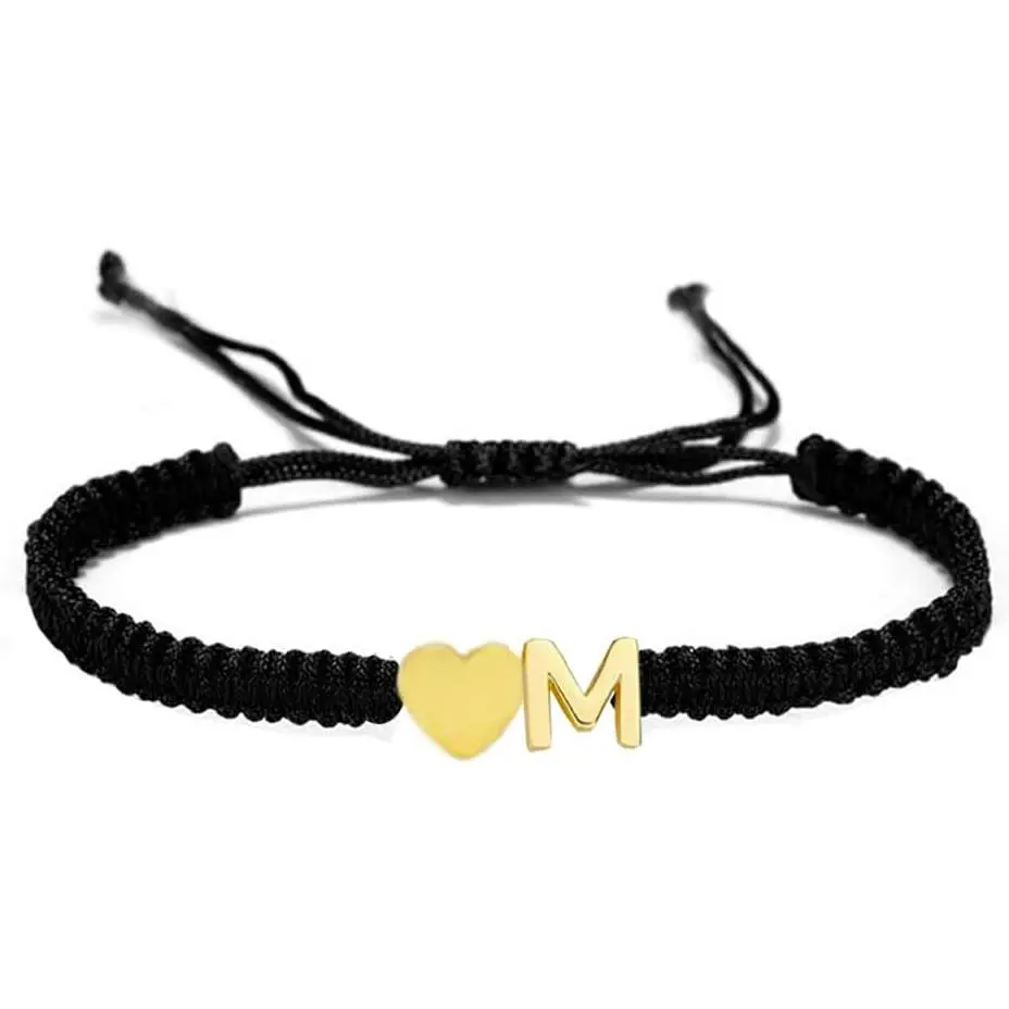 Initial Heart Bracelet, 18K Gold Plated Stainless Steel Tiny Heart Letter Black String Name Bracelets for Women Men Handmade Minimalist Jewelry Matching Couple Bracelets