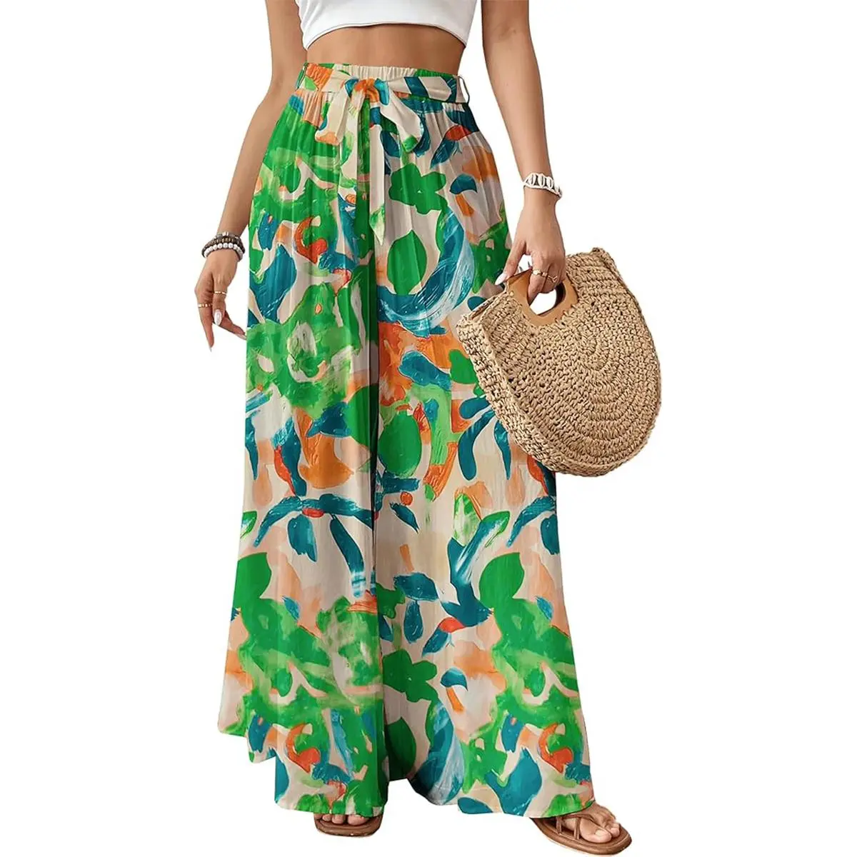 Bsubseach Women's High-Waisted H-Type Flowy Floral Print Wide Leg Palazzo Pants - Belt-Tie Fit, Elastic Waist, Comfy Fit, Leg-Lengthening Retro Hippie 70s Style Pants for Summer Casual, Cruise Outfits