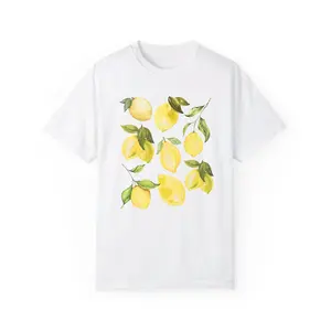 Women'S Lemon Print White Short Sleeve T-Shirt - Soft Cotton-Like Knit Fabric, Lemon Slice & Leaf Design, All-Season Casual Top With Lemon & Lime Fruit Pattern  For Summer Outfits, Picnic, Beach，Women Cute Top