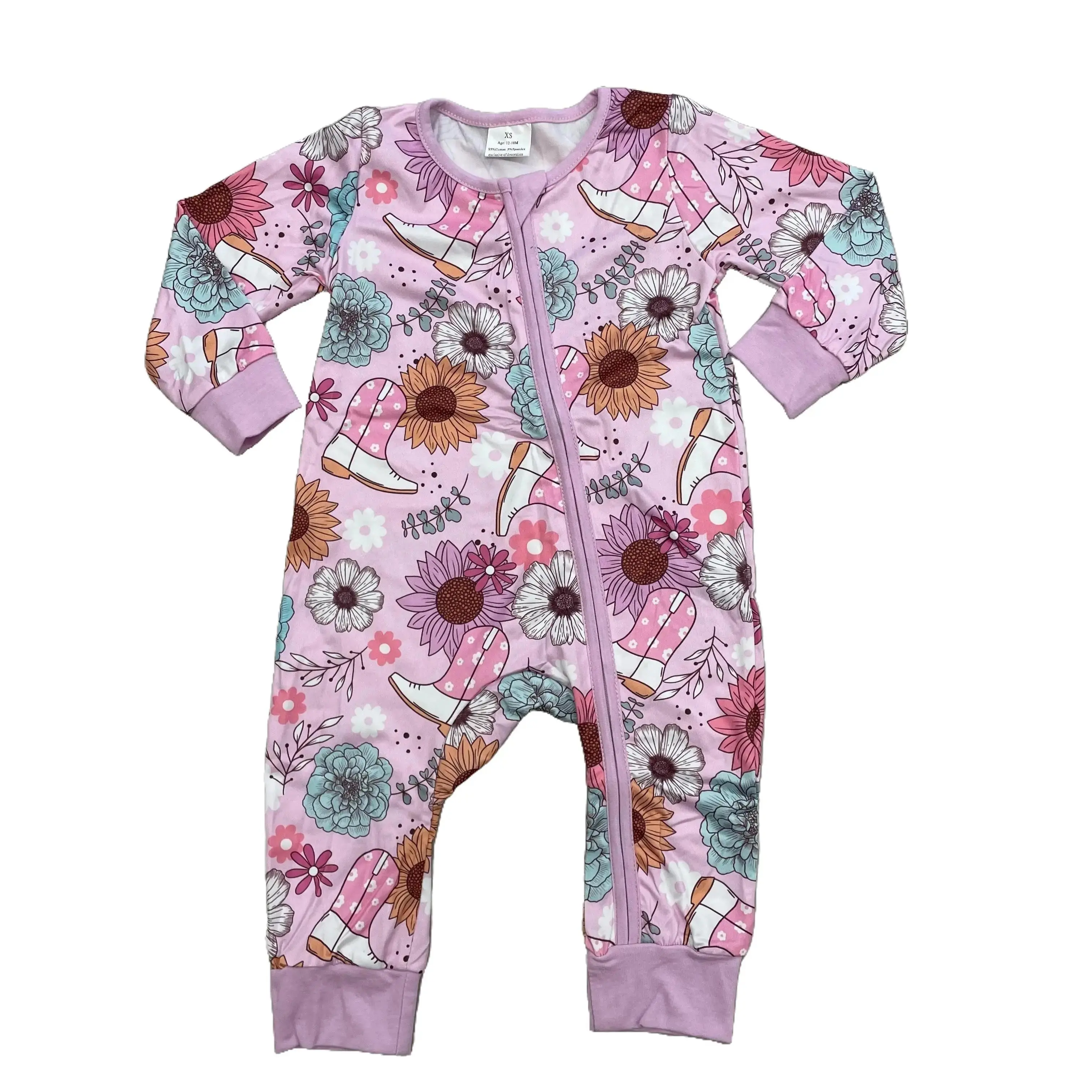Girl's Western Cowboy Print Cotton Bodysuit - Long Sleeve Zip-Up Jumpsuit with Chain, Elastane Fabric, Drop Shoulder Design, Baby Clothes Girl