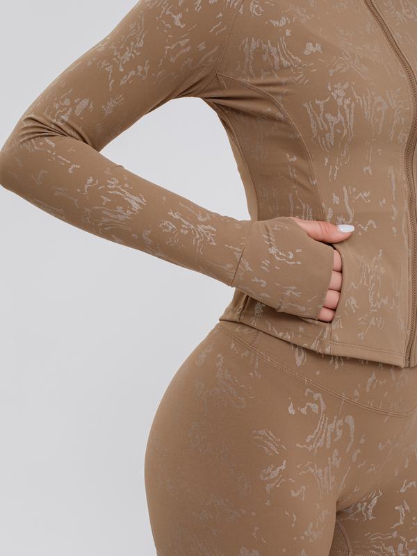 S&W Women's Yoga 3-Piece Set - Biker Short, Tank Top, Jacket with Zipper - Tie-Dye in Apricot Blue & Black - High-Rise Collar, 4-Way Stretch