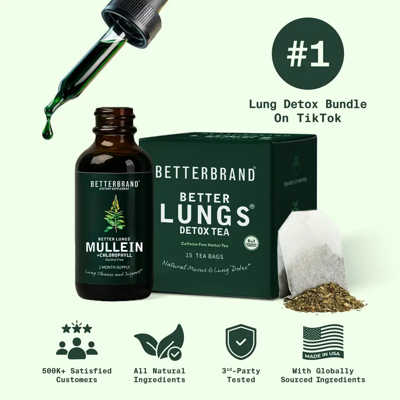 Betterbrand Lung Support & Detox Bundle - Lung Detox Tea and Mullein + Chlorophyll Tincture Bundle for Lung Health and Respiratory Relief