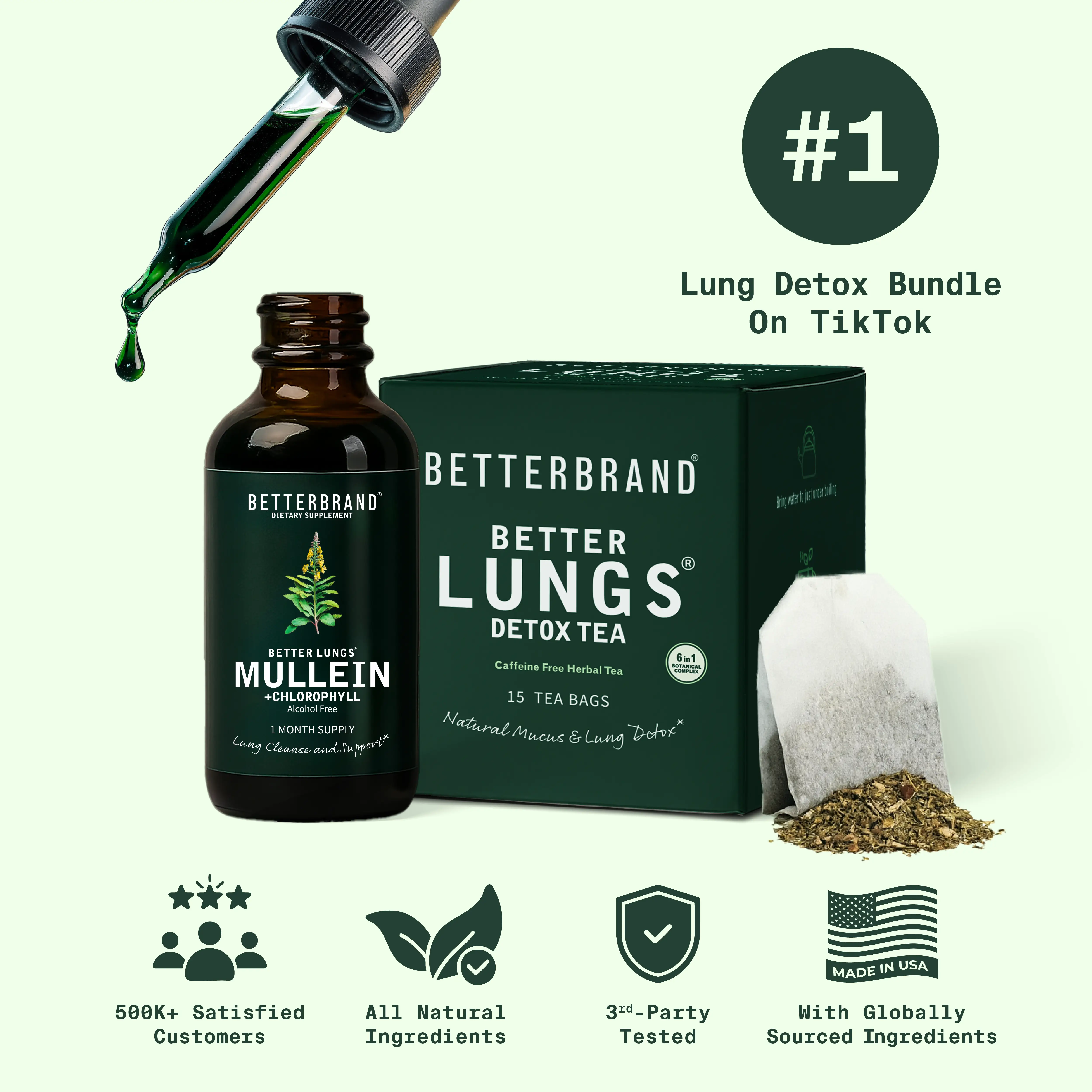 BetterLungs Lung Support Bundle - Lung Detox Tea & Mullein Tincture + Chlorophyl...
