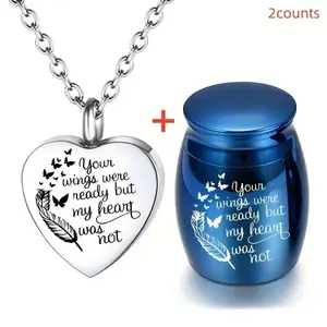 2 Piece Cremation Jewelry Set, Waterproof Pet/human Urn Necklace, Engraved Memorial Keepsake, Your Wings Are Ready but My Heart Is Not