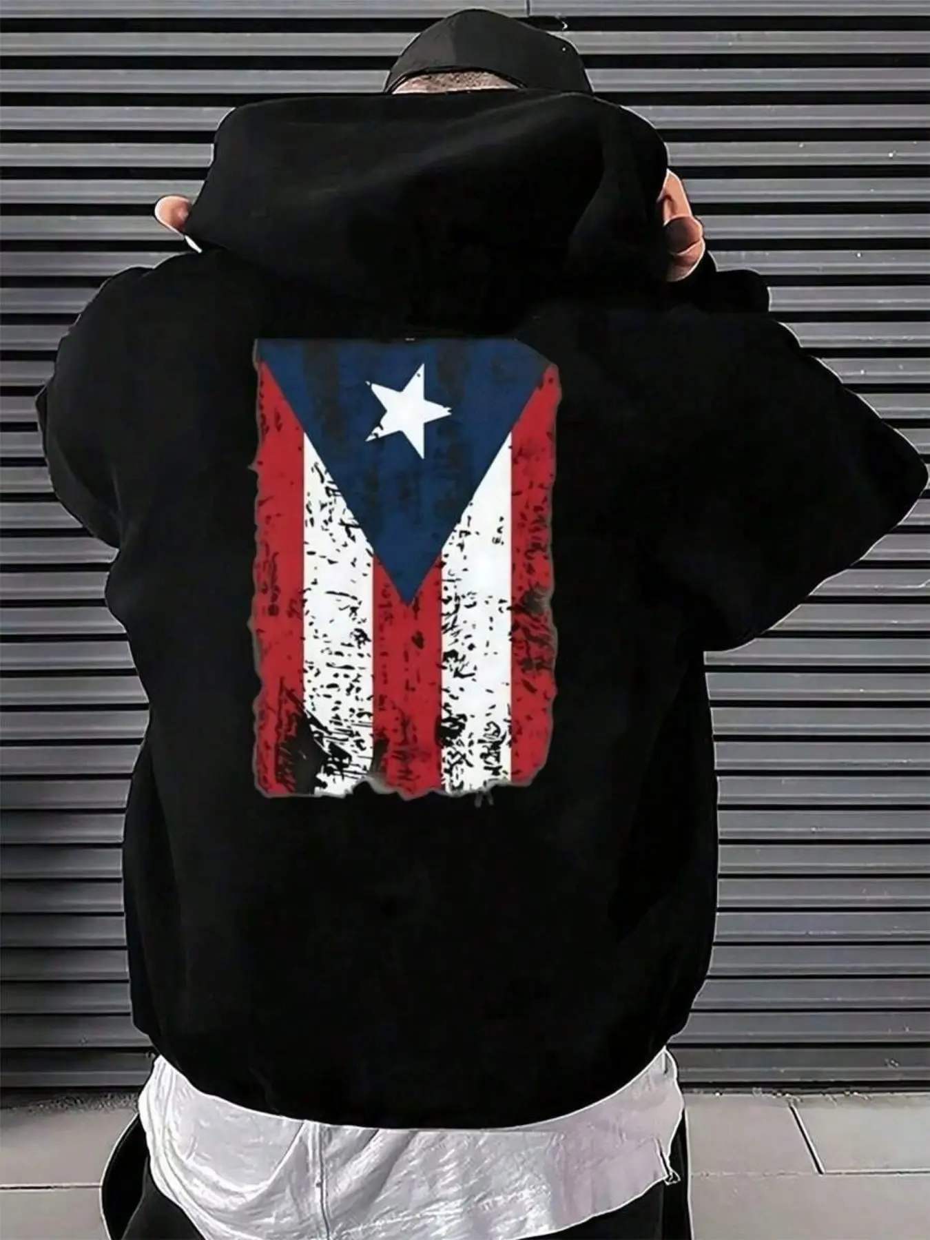 Men's Plus Size Baggy Puerto Rico Flag Hoodie, Double-Sided Print Casual Comfortable Long Sleeves Hooded Sweatshirt, Fall Winter Season Versatile Wear