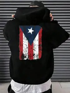 Men's Plus Size Puerto Rico Flag Hoodie, Double-Sided Print Casual Comfortable Hooded Sweatshirt, Fall Winter Season Versatile Wear