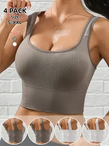 Women's One-Piece Casual Wireless Gym Sports Bra, Wide Shoulder Strap Shockproof, Ribbed Fabric Comfortable Elastic, U-Neck Removable Pads, All Seasons,1Pack/4Pack