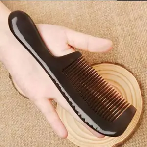 Natural Buffalo Horn Comb Fine Teeth Anti Static Massage Hair Comb with Thickening Round Handle for Head Health Barber Comb