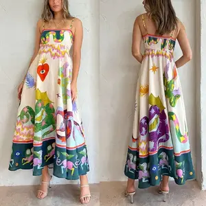 Women's bohemian halter dress summer print and elegant oversized French retro oil painting printed suspender tube top dress travel outfit