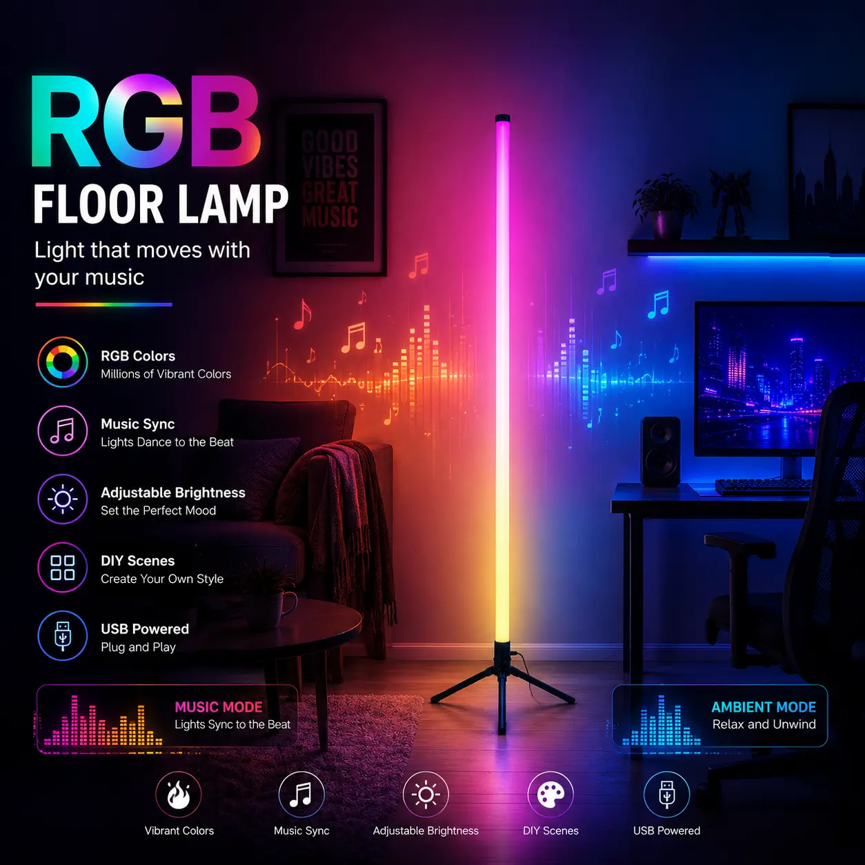 1PC/2PCS RGBIC Corner Floor Lamp, Triangle Base Vertical LED Light with App & Remote Control, Adjustable Color Effects, Brightness and Timer for Bedroom, Living Room & Game Space