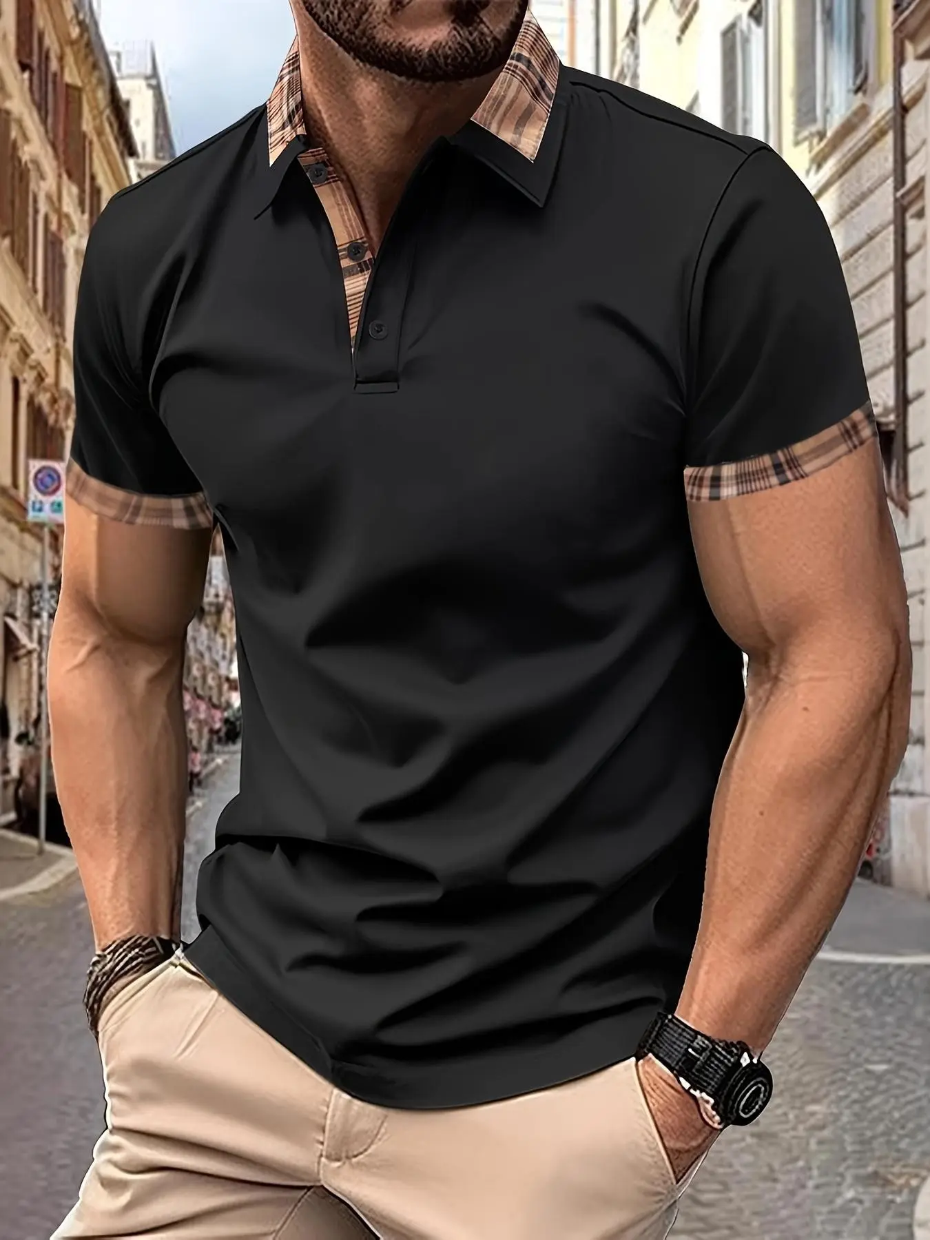 Men'S Stylish Casual Classic European And American Cross-Border Solid Color Checkered Print Pocket Short-Sleeve Polo Shirt Menswear Casual Polo Shirts