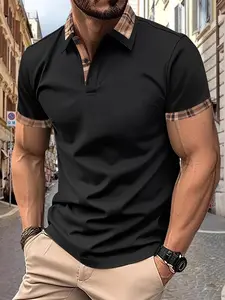 Men'S Stylish Casual Classic European And American Cross-Border Solid Color Checkered Print Pocket Short-Sleeve Polo Shirt Menswear