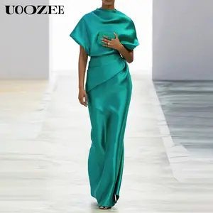 UOOZEE 2026 New Women's Elegant Solid Color Satin Cowl Neck Muslim Ramadan Kaftan Short Sleeves Ruched Waist Party Evening Maxi Dresses(One Size Up Recommended for C - Cup and Above)