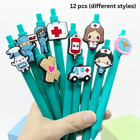 12-Piece Teal Medical-Themed Gel Pen and Rollerball Pen Set with Medical Charms, Medical Record Pens, Nurses' Day Gift for Nurses, Medical Assistants, Nursing Students, Nurse Stationery, Jelly Pen Set, Stationery Writing Tools