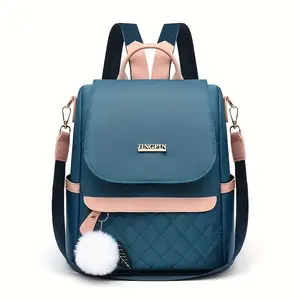Trendy Blue and Pink Quilted Backpack with Pom-Pom Charm - Casual Friday Explosion Style, Adjustable Straps, Foldable, Zip Closure, Polyester Lined for Daily Commute & Travel, Travel Backpack