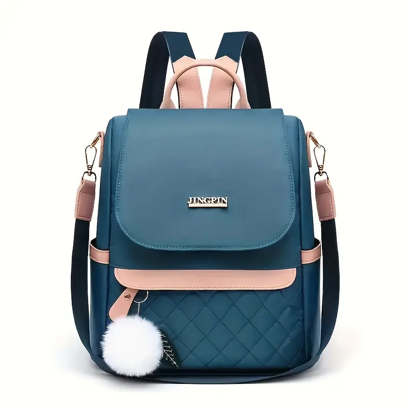 Quilted Travel Backpack, Cute Pink and Blue Style with Pom-Pom Charm - Foldable with Adjustable Straps for Campus Life & Everyday Carry