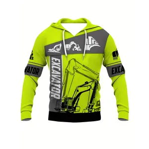 Men's Casual Hoodie with Vibrant 3D Excavator Print – Neon Yellow & Black Design, Long Sleeve Pullover Sweatshirt for Men and Women, Soft Polyester Blend, Machine Washable