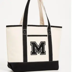 DearDela Patch & Carry Black Tote Bag with Initial 'M' for Fashion and Everyday Use Natural Canvas Design