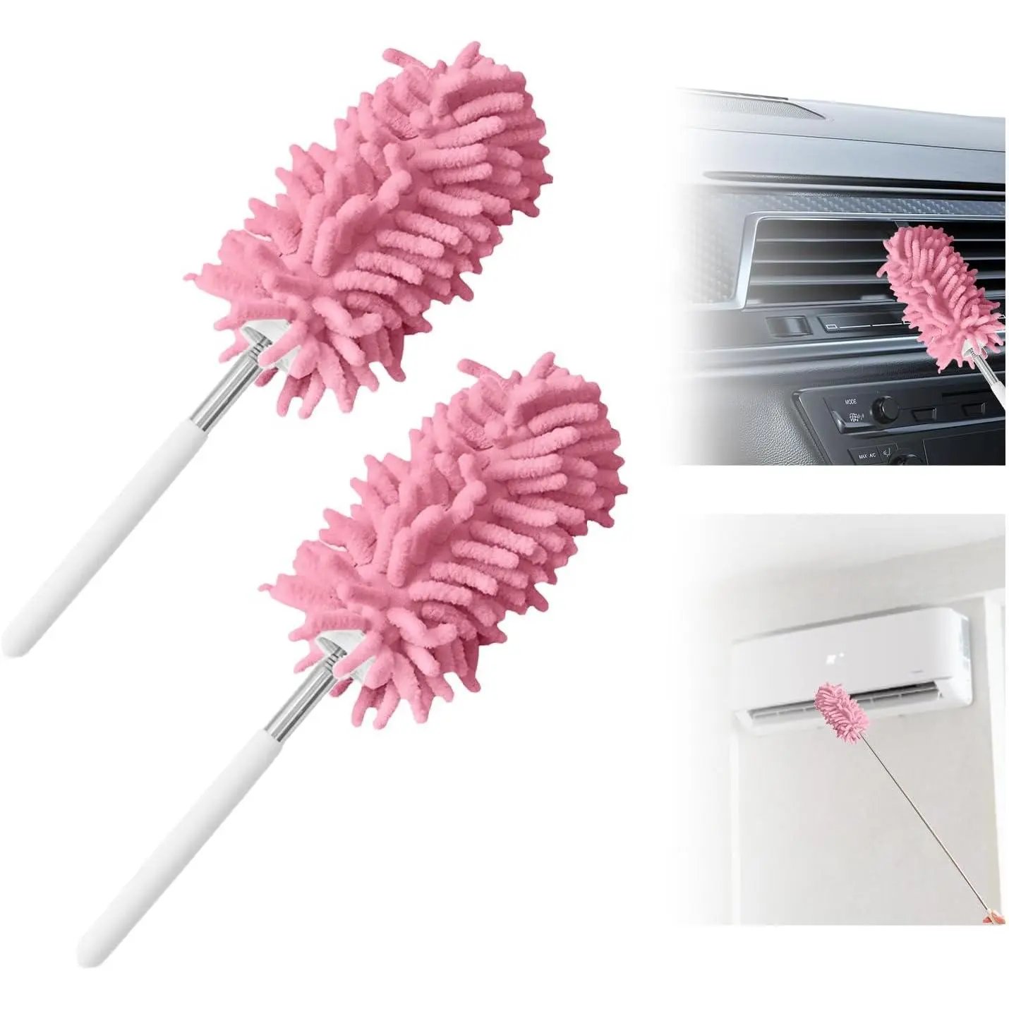 Car Interior Duster, 2 Pcs Home Washable Extension Pole Long Handle Soft Dash Vent Dusting Detailing Wash Brush (Pink)