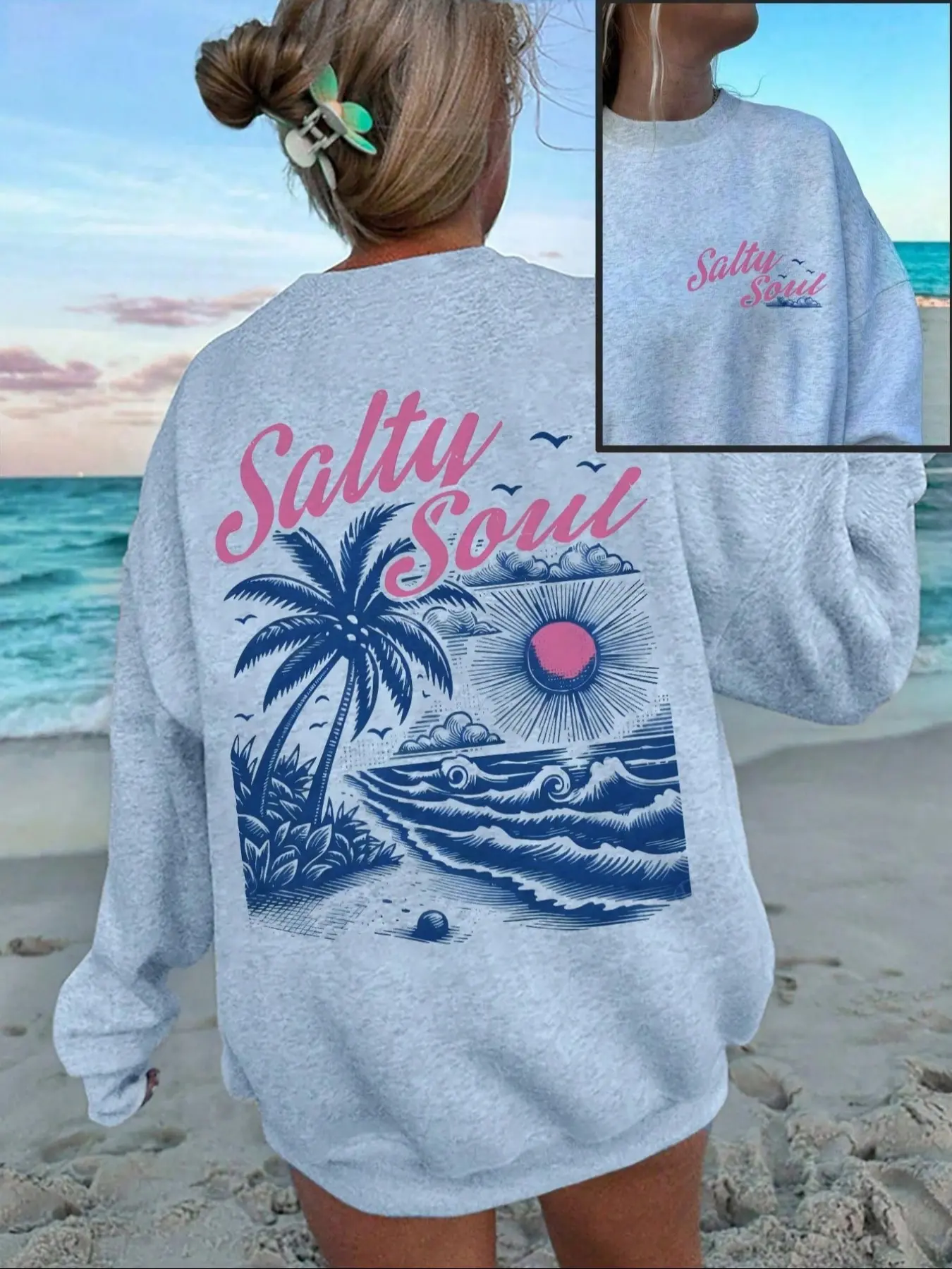 Women's Pullover Sweater with Adjustable Drawstring Drop Shoulder Design, Long Sleeve, Beach Sunset Print, Casual Loose Fit for Spring, Sweatshirts, Womenswear