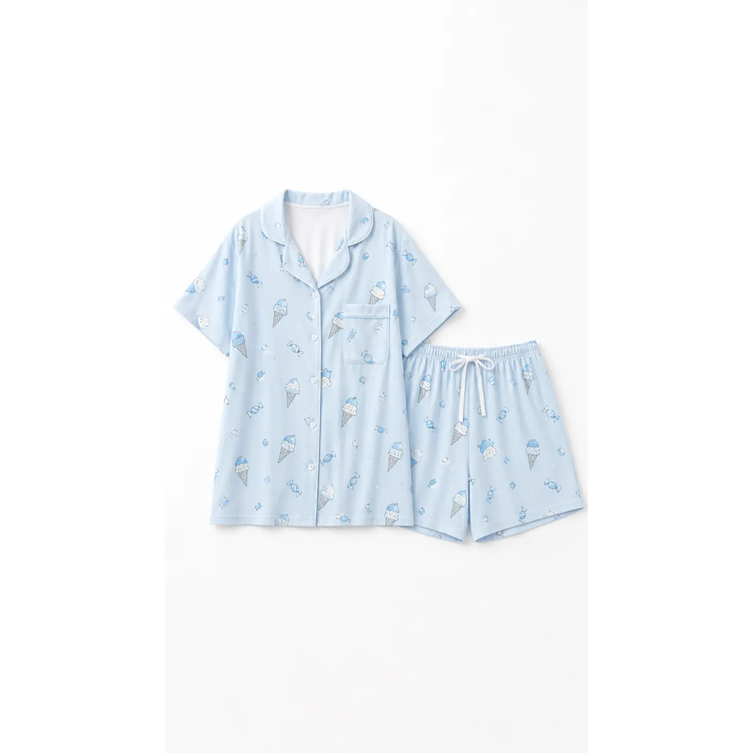 Light Blue Ice Cream Print Short Sleeve Button Front Pajama Set with Collared Top, Chest Pocket, and Matching Drawstring Shorts