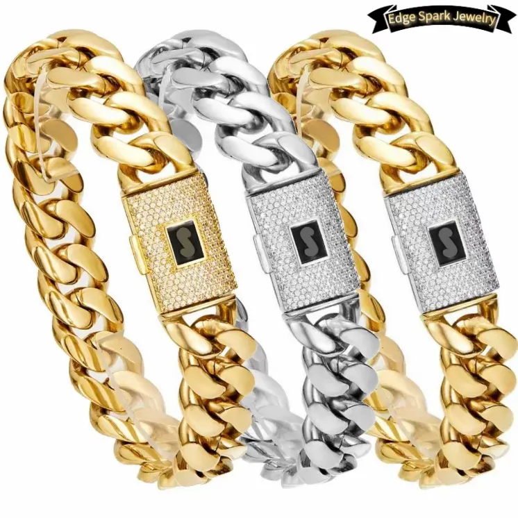 Edge Spark Jewelry 2026 14mm Gold-Plated Stainless Steel Miami Cuban Link Chain Necklace with Box Clasp, Elegant Hip Hop Jewellery for Daily Wear, Alloy Fashion Accessory (Business-Casual, All Seasons)