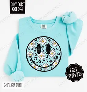 Daisy Floral Happy Face Shirt Comfort Colors Sweatshirt, Summer Pullover, Oversized Women's Sweater