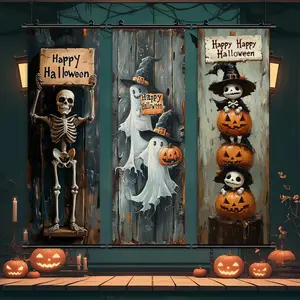 Scary Hanging Banner, 3 Counts/set Skeleton & Ghost & Pumpkin Pattern Poster, Funny Home Decorations, Horror Poster, Party Posters, Living Room Decoration