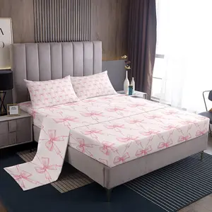 Feelyou Decorative Bedsheet Sets - Pink Sweet Bows Design, Deep Pocket Fitted Sheet, Soft Bedding Set for Kids' Home Use