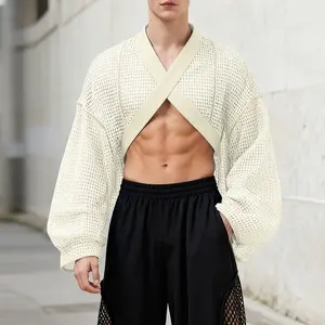 INCERUN Spring/Summer Men's Fashion Men's Stylish Cutout Design Cropped Long Sleeve T-Shirt