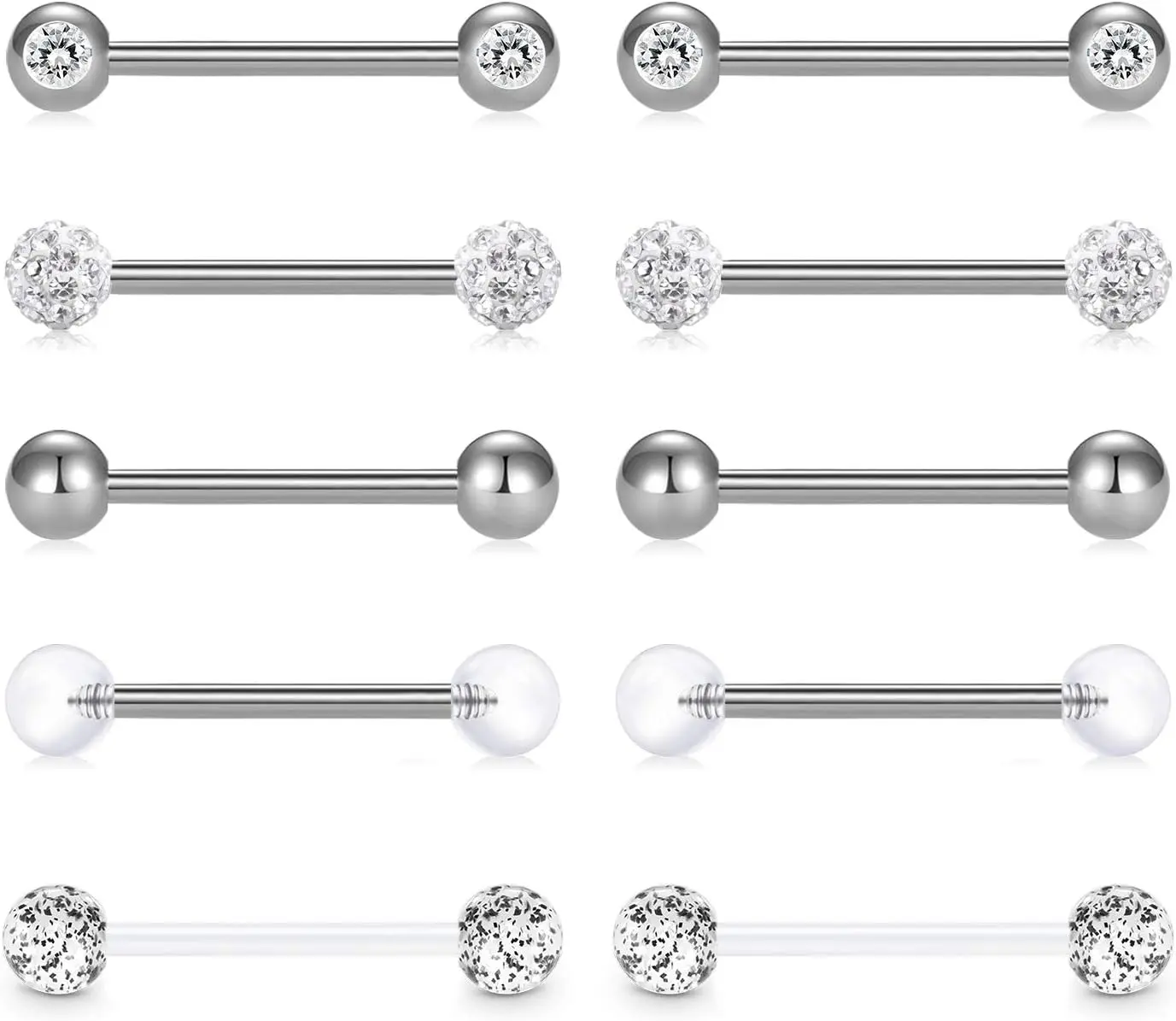 14G 5 Pairs Surgical Steel Nipple Rings Set, Straight Barbells, Silver Body Piercing Jewelry, 12mm-18mm