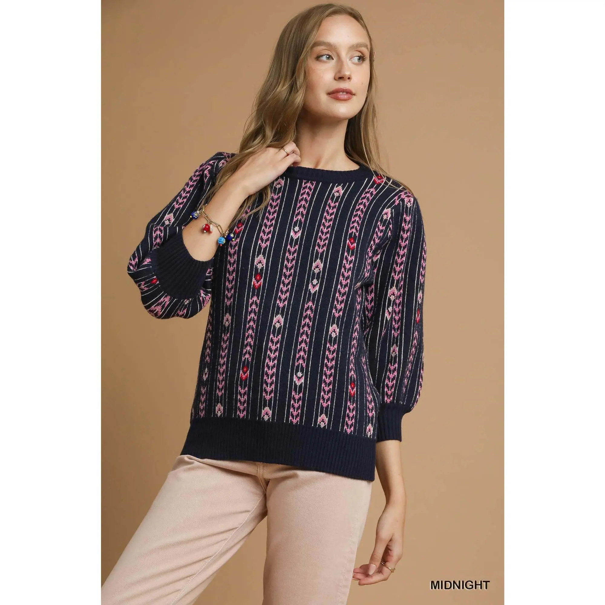 Umgee Jacquard Knit Puff Sleeve Sweater