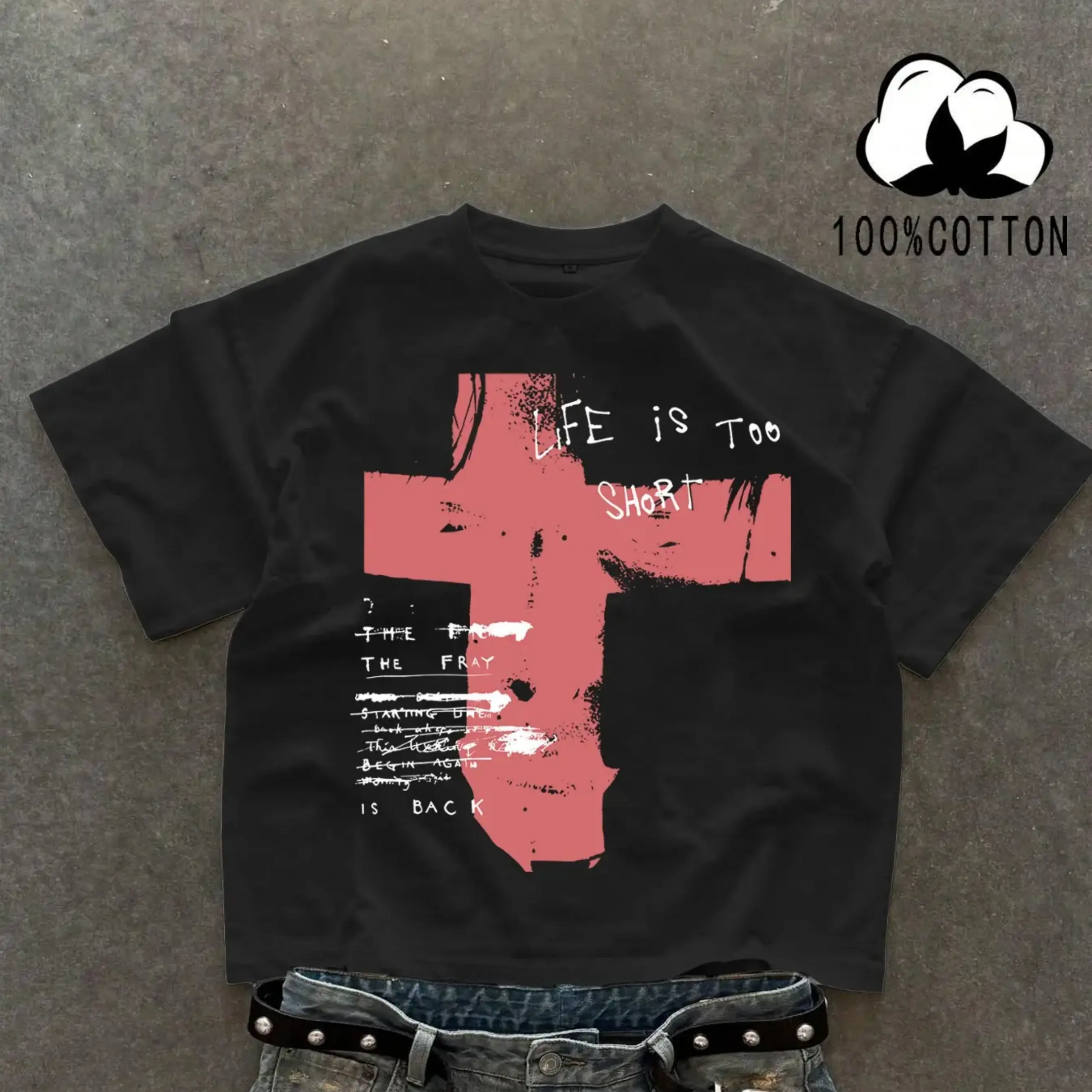 Unisex 100% Cotton Short-Sleeve T-Shirt with Cross Graffiti Print, Y2K Dark Gothic Streetwear Style, Loose-Fitting Long-Length Casual Daily Wear Menswear Shortsleeve Summer Top Tshirt