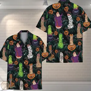 Funny Raunchy Halloween Penis Hawaiian Shirt 100% Polyester, Dirty Humor Aloha Shirt, Spooky Adult Costume Party Button Down