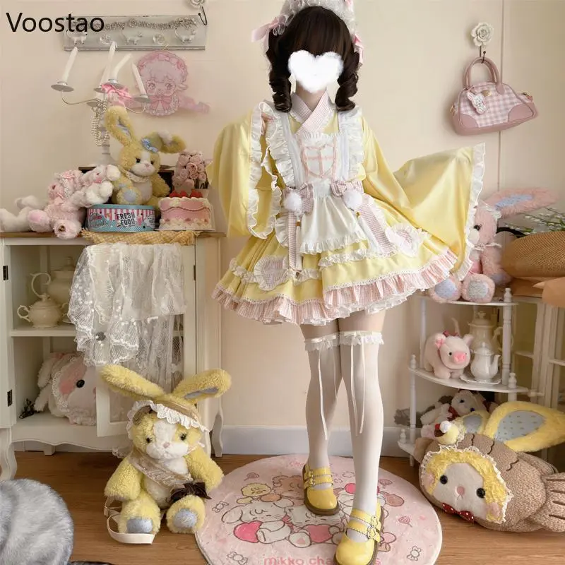 Anime Lolita Maid Dress Set Women Sweet Japanese Kimono Halloween Cat Cosplay Costumes Party Dresses Gothic Girls Cute Dress
