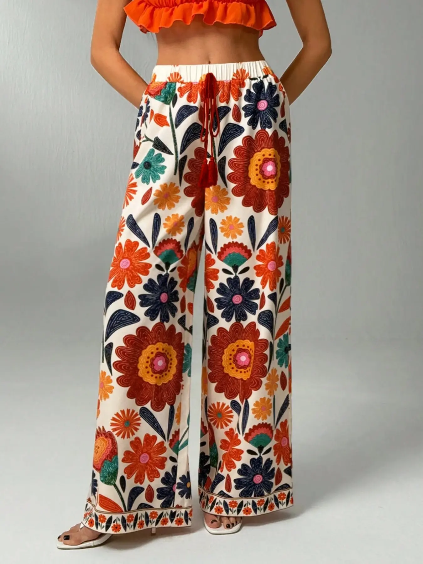 Spring Summer Women's Long Floral Print Wide Leg Pants, Bohemian Boho Trousers, Fringe, Elastic, Casual Elastic Waisted, Casual Party Lounge Wear, Vacation Style, Comfortable and Stylish