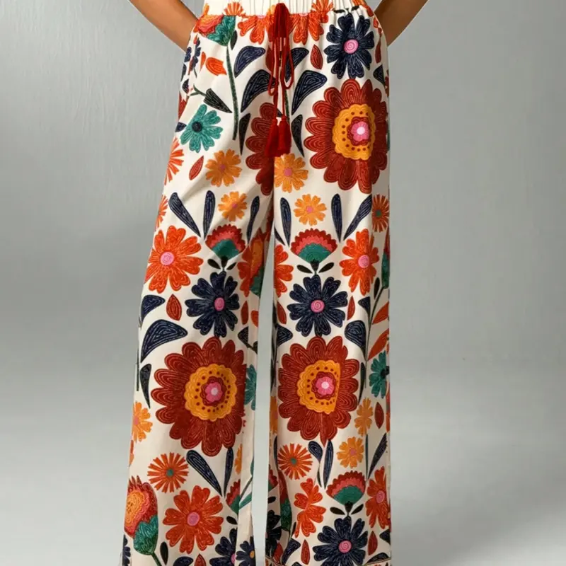 Spring Summer Women's Long Floral Print Wide Leg Pants, Bohemian Style, Boho Style Casual, Elastic Waist, Fringe Detail, Casual Party Lounge Wear, Vacation Style, Comfortable and Stylish
