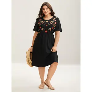 BLOOMCHIC Plus Size Floral Embroidered Waist-Cinching Midi Dress [M–6X], 2026 Summer Vibes