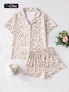 Women's Valentine's Day Heart Pattern Sleepwear Loungewear Set, Casual Fitted Short Sleeve Top & Comfortable Shorts, All Season Ladies' Pajamas