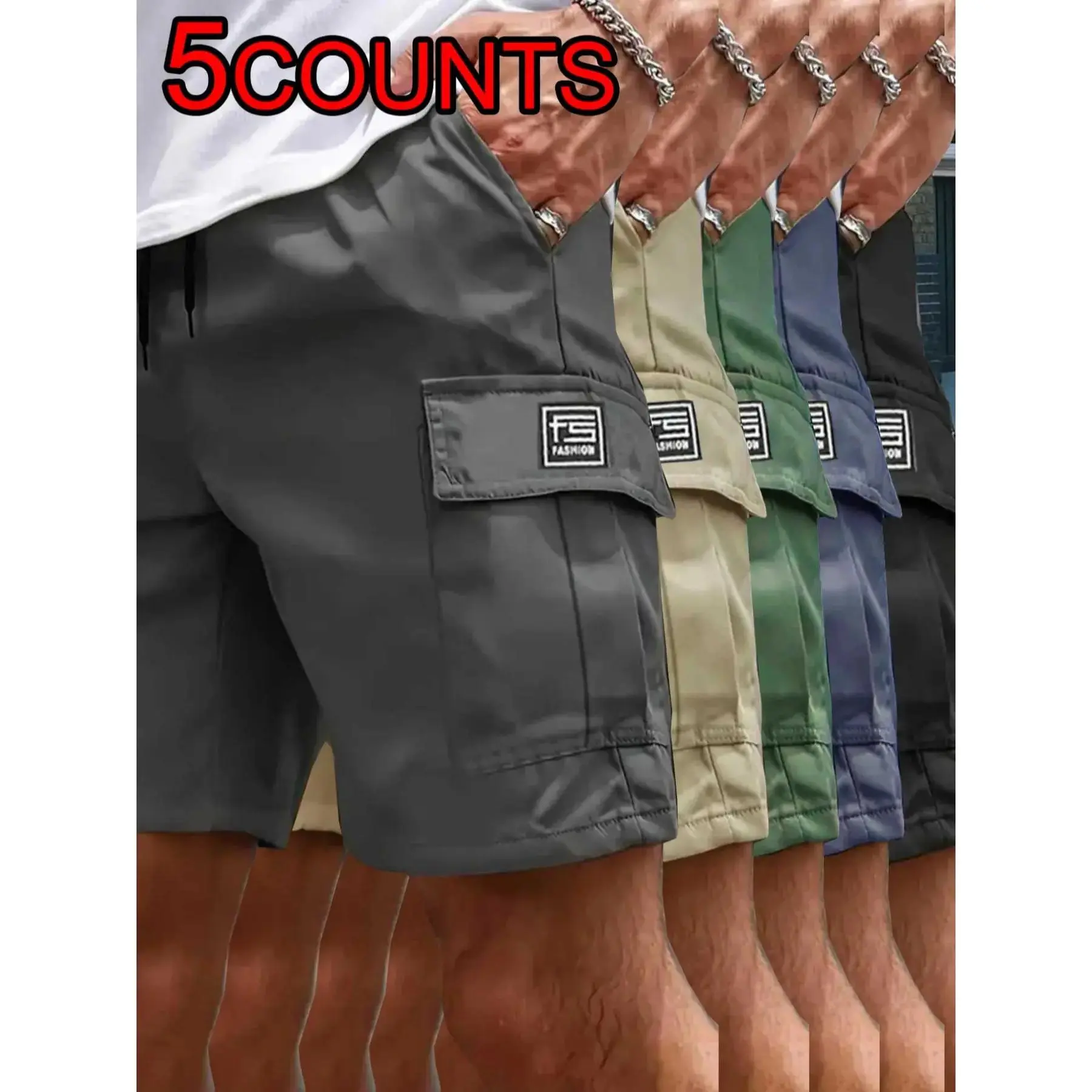 Men's Casual Fitted Cargo Shorts 5-Pack - Menswear Fashion Apparel, Non-Stretch Woven Polyester Fabric, Multiple Pockets, Adjustable Waist, Machine Washable, Drawstring, Stylish, Plain