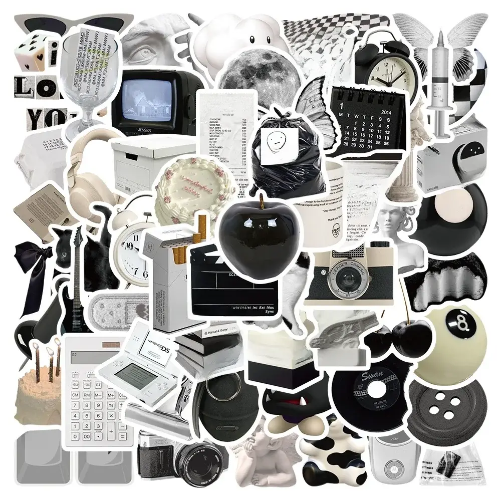 30/60PCS Ins Style Apathy Black White Simple Decals Cute Stickers Aesthetic Phone Notebook Suitcase Laptop Fridge Wall Stickers