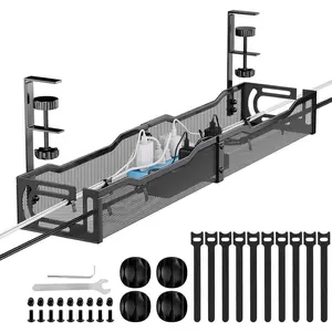 Cable Management, 25'' Cable Management Under Desk No Drill, Metal Cord Organizer with Clamp for Standing Desk, Cable Organizer for Home Office, Black