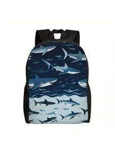 Blue Sharks Backpack Schoolbag, Lightweight Book Bag Laptop Bag, Large Capacity Computer Shoulder Bag For Travel School College