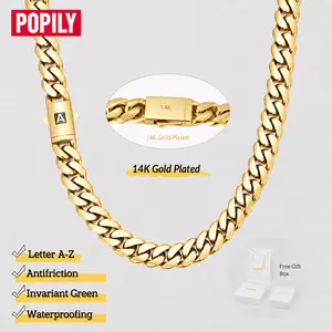 14K Gold-Plated 26-Letter A-Z Cuban Chain Necklace (Unisex), 14mm Miami Hip-Hop Style Chunky Chain, Fade-Resistant and Rust-Proof Jewelry, Perfect for Father's Day, Graduation, Birthdays, and Anniversaries