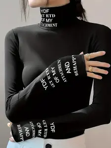 Women's High Neck Turtleneck Long Sleeve T-Shirt, Slim Fit Casual Top for Spring & Fall, Ladies Fashion Basic Layering Tee Womenswear