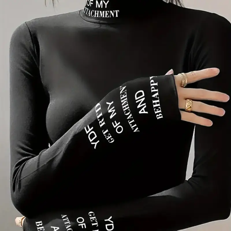 Women's High Neck Long Sleeve T-Shirt, Slim Fit Casual Top Casual Clothing for Spring & Fall, Ladies Fashion Basic Layering Tee Womenswear