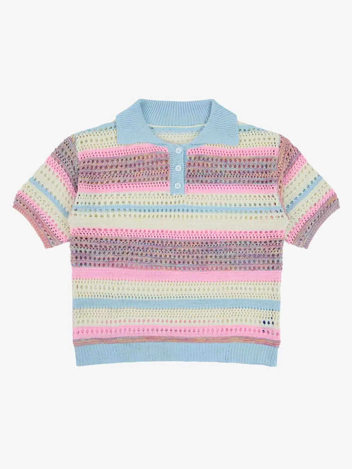Supermade Men's Retro Pastel Striped Polo Shirt, Short Sleeve Relaxed Fit Polyester-Cotton Crochet Knit with Ribbed Details, Vibe, Menswear, Hem