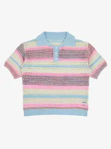 Thesupermade Pastel Striped Crochet Knit Short Sleeve Polo Shirt